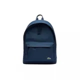 Mochila azul marino de poliéster con compartimento principal con cierre, bolsillo frontal con cierre y logo de Lacoste bordado en verde.