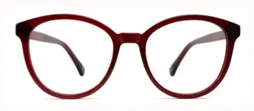 Armazón de acetato color borgoña, con forma de ojo de gato y patillas con núcleo de metal plateado.