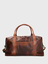 Bolso de viaje marrón de cuero natural, con compartimento principal con cierre de cremallera, bolsillo interior con cierre, bolsillo frontal de fácil acceso, correas ajustables y removibles, y forro interior 100% poliéster reciclado.