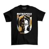 Remera negra de algodón con estampado del poster de la película Metropolis de Fritz Lang. El estampado es en tonos dorados, blancos y negros.