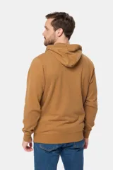 Canguro con cierre y capucha color bordó, confeccionado en felpa de algodón y poliéster.