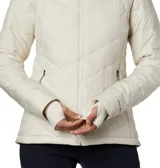 Campera puffer color salmón con capucha, cierre frontal y bolsillos laterales con cierre. Cuenta con tecnología termorreflectante Omni-Heat™ y puños con orificios para los pulgares.