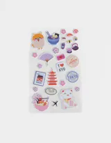 Plancha de stickers con motivos de la cultura japonesa, como comida, templos, animales y frases. Ideal para decorar álbumes, cuadernos y otros objetos.
