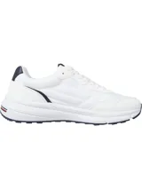 Zapatillas Tommy Hilfiger blancas con detalles en azul marino. Presentan una mezcla de texturas en los paneles y el logo de la marca en el lateral. Suela gruesa de EVA y cierre con cordones.