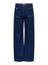 Pantalón de jean azul oscuro, de corte ancho, tiro alto y cierre de botones.