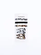 Set de 10 hebillas para el pelo con forma de pico de pato, con diferentes estampados animal print y lisas.