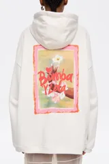 Sudadera blanca de algodón con capucha ajustable con cordones personalizados, manga larga recta, logo estampado en el pecho y bajo elástico con topes.