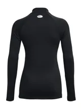 Remera deportiva blanca de manga larga con cuello alto y logo de Under Armour en el cuello.