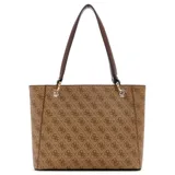 Bolso tote grande de Guess, color marrón con estampado logomarca en patrón repetitivo. Presenta asas de hombro en color marrón oscuro y herrajes dorados. Incluye un dije colgante con el logo de la marca.