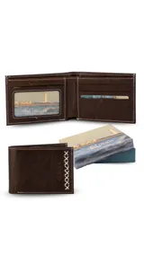 Billetera de cuero color marrón oscuro con detalle de costura artesanal en blanco. Interior con compartimentos para billetes, visor y tarjeteros.