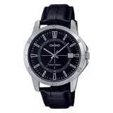Reloj analógico Casio MTPV004L-1CUDF para hombre, con caja plateada de 42mm, esfera negra con indicadores blancos y correa de cuero negro.