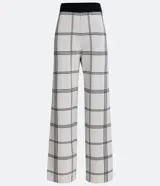 Pantalón recto de punto con estampado de cuadros grid, cintura alta y cintura contrastante.