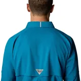 Camisa de manga larga Columbia Shadowcaster Zero para hombre, color azul. Confeccionada con tejido transpirable de secado rápido, protección UV, tecnología refrescante y absorción del sudor. Cuenta con cuello de protección solar, ventilación, mangas enrollables, bolsillos de seguridad, parche de limpieza para gafas de sol, portacañas y bucle de utilidad.