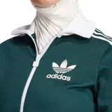 Campera Adidas de poliéster color verde con cuello, puños y ruedo acanalados en blanco. Presenta cierre frontal, bolsillos laterales con cierre y logo de Adidas bordado en el pecho.