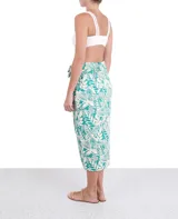 Falda midi de tiro alto con estampado floral en tonos turquesa y blanco, con lazo lateral.