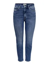 Jeans de tiro alto color azul denim, corte recto y tejido elástico.