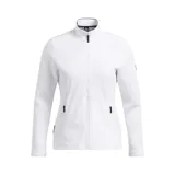 Campera blanca con cierre frontal, cuello alto y bolsillos laterales con cierre.