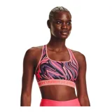 Top deportivo Under Armour con estampado abstracto en tonos verde militar y negro, breteles finos blancos y banda elástica con logo de la marca.
