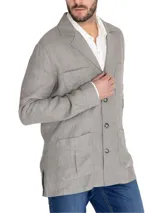 Chaqueta tipo blazer RKF Fornillo confeccionada en lino orgánico color gris, con cuello de solapa, cierre con botones y múltiples bolsillos con fuelle.
