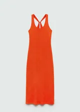 Vestido largo naranja de tejido de punto con tirantes anchos, escote redondo y espalda cruzada.