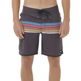 Short de baño Rip Curl Mirage Split Peak de 19" (50.8 cm), gris oscuro con rayas horizontales en colores celeste, rosa, amarillo y blanco. Confeccionado en tejido reciclado Mirage Core con tratamiento repelente al agua DWR, bolsillo trasero con solapa y estampado técnico.