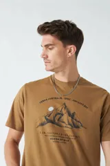 Remera color marrón con estampa de montañas, texto y coordenadas geográficas.