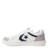 Championes Converse Pro Blaze Classic unisex, de corte bajo, color blanco con detalles en azul marino y gris.