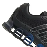 Zapatillas Adidas MEGARIDE negras con detalles en gris y azul. Presentan las tres tiras características de la marca en los laterales y una suela con tecnología de amortiguación.