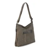 Cartera marrón de simil cuero con bolsillo frontal con tapa y cierre dorado. Tiene correa larga regulable y asa de mano.