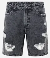 Bermuda masculina de jeans denim negro con efecto lavado y roturas.