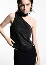 Top negro asimétrico de fiesta con tirante ancho, estilo choker, tejido de lúrex, lazada al cuello y diseño recto.