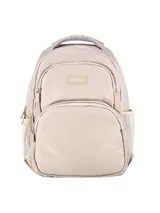 Mochila color beige de material resistente con acabado liso. Cuenta con un compartimento principal con cierre, un bolsillo frontal grande con cierre, y bolsillos laterales de red elástica. Las correas son ajustables y acolchadas, y la parte trasera y las tiras tienen material respirable. Incluye una etiqueta con la marca "Terrano" en el frente.