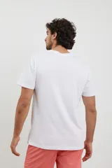 Remera blanca de algodón con estampa rectangular en el frente con imagen de paisaje en tonos celeste, rosa y blanco.