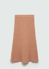 Falda midi color beige de tejido de punto de canalé con cintura elástica y diseño evasé.