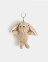 Llavero con dije de conejo de peluche color beige, con cadena y aro metálico plateado.
