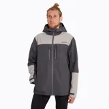 Chaqueta impermeable Merrell Mesquite Hardshell para hombre, con capucha ajustable, cierre frontal con cremallera, bolsillos laterales con cremallera y diseño de bloques de color gris y beige.