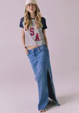 Remera gris de manga corta con mangas ranglán azul marino y estampa frontal con las letras "USA" en rojo con borde azul.