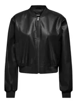 Campera bomber negra de cuero ecológico con cierre frontal, cuello, puños y cintura acanalados.