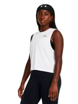 Musculosa deportiva Under Armour Vanish Energy Crop para mujer, color blanco con logo en el pecho.