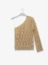 Top dorado de tejido de punto calado, con un solo hombro y una manga larga.