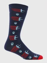 Calcetines azules con diseño de naves X-Wing y el logo de la Alianza Rebelde en rojo y celeste.