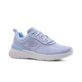 Championes deportivos Skechers Skech Air Dynamight 2.0, color lila con detalles en celeste y rosa. Capellada de malla con superposiciones sintéticas, plantilla Memory Foam y entresuela Skech-Air con cámara de aire visible.