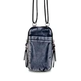 Bandolera porta celular color azul con efecto denim, con dos compartimentos con cierre y correa regulable de elástico.