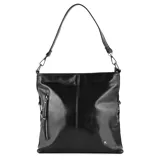 Cartera bandolera de color negro, con compartimentos exteriores y un diseño elegante.