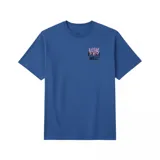 Remera azul con estampado pequeño en el pecho con el logo de Vans y la frase "Off The Wall".