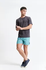 Remera gris de manga corta con cuello redondo y estampado tipográfico en el frente.