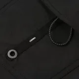 Boardshort negro de largo medio (19 pulgadas) con cordón ajustable en la cintura y estampado vertical en blanco con tipografía cursiva en el lateral izquierdo.