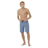Bermuda de baño azul con cordón de ajuste negro en la cintura, bolsillo lateral con cierre y logo de la marca en la pierna.