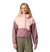 Cortavientos corto Columbia para mujer, color rosa y morado, con capucha ajustable, bolsillos con cremallera, puños elásticos y dobladillo ajustable.