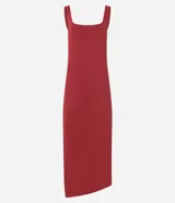 Vestido midi de bretel ancho, confeccionado en poliamida con escote cuadrado en la espalda.
